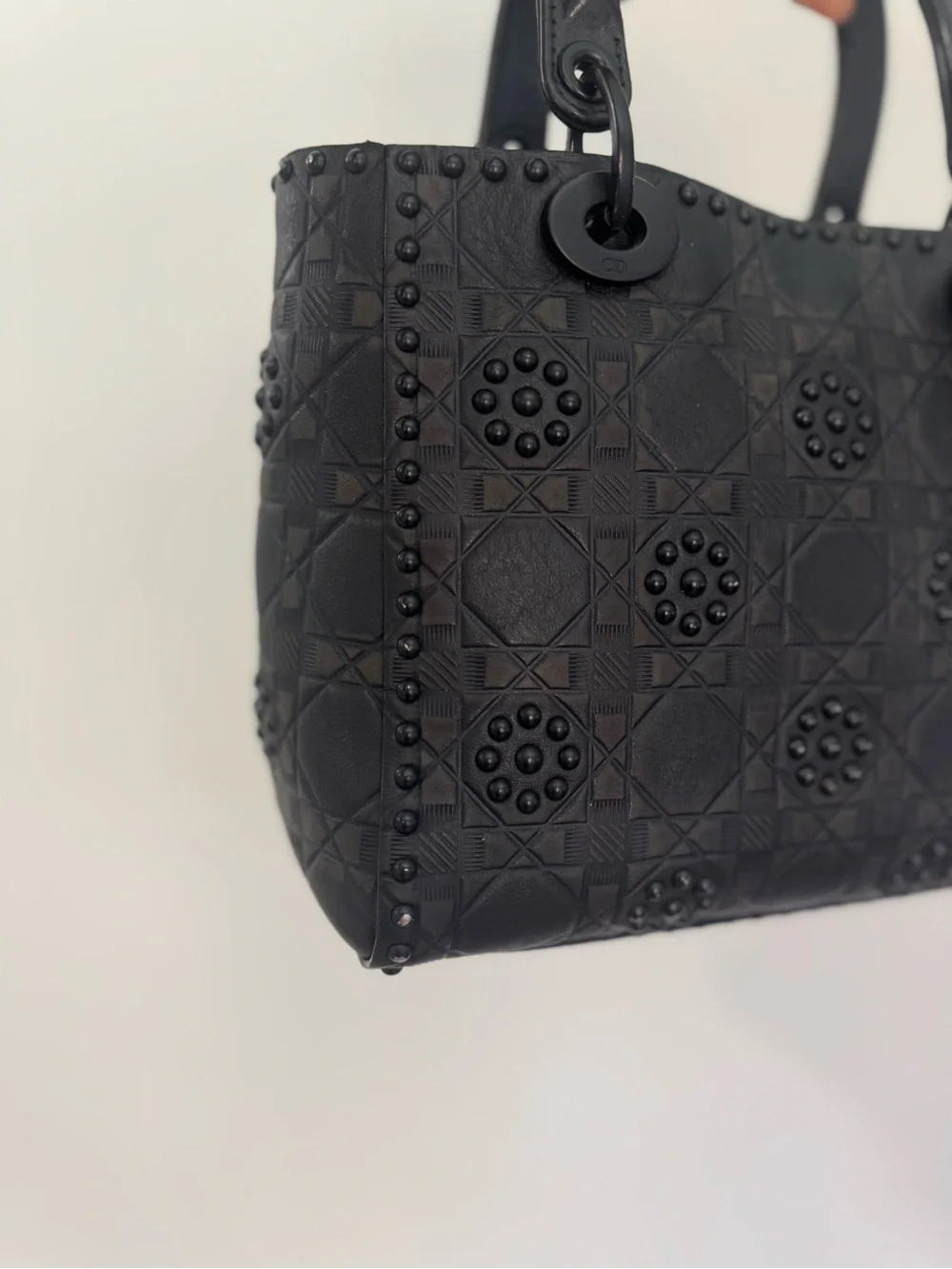 Authentic Dior Lady Dior Medium Matte Black Studded 2 way Bag 2018